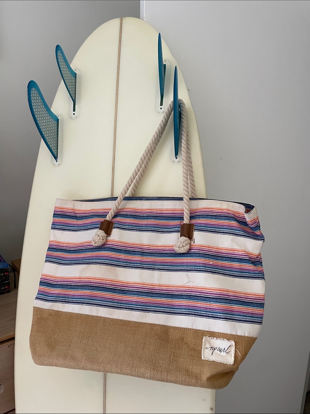 Rip Curl Striped Canvas Beach Tote in White with Multi-Color Stripes